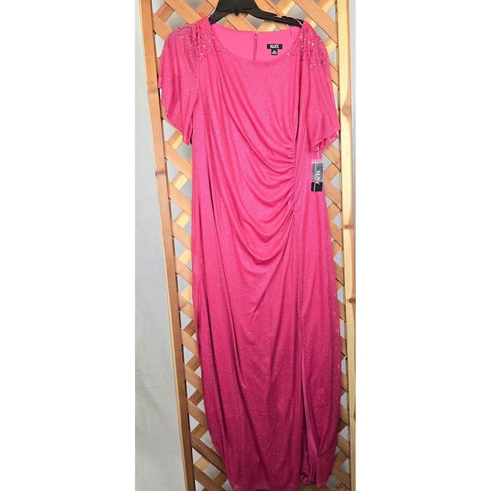 SLNY‎ Gown Womens 16W Rose Pink Glitter Beaded Ruched Maxi Dress - New